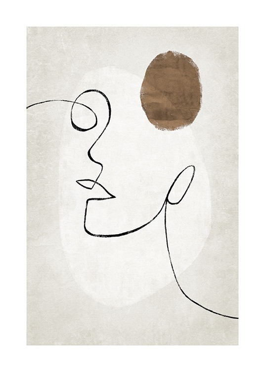  – Illustration avec des formes abstraites et un visage en line art sur un fond beige
