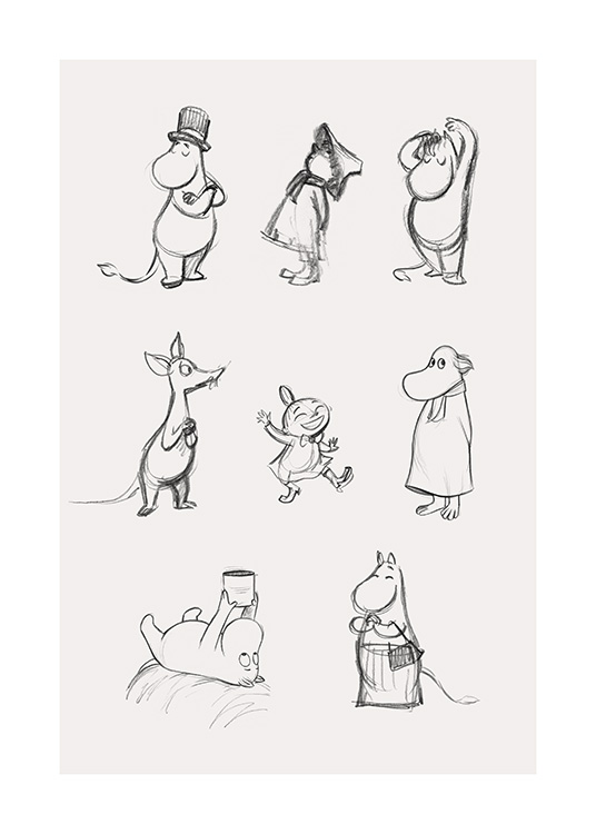  – Esquisse avec les principaux personnages de La Vallée des Moomins dessinés en gris sur un fond beige clair