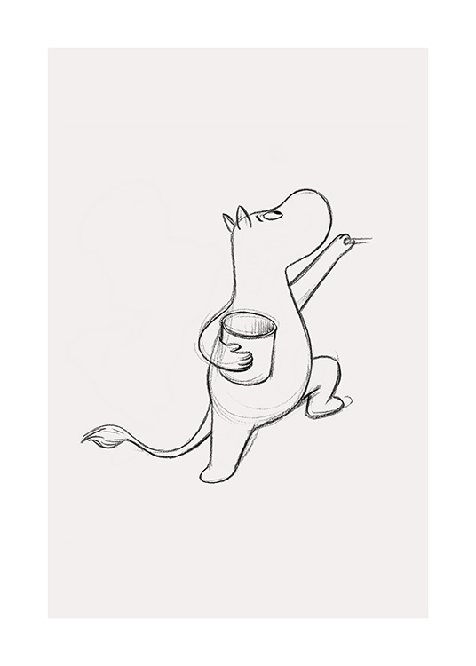  – Esquisse en graphite de Moomintroll de La Vallée des Moomins tenant un bocal, dessiné sur un fond beige clair