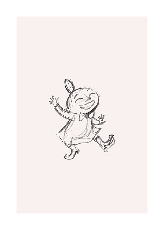  – Esquisse en graphite de Little My de La Vallée des Moomins, dansant et souriant