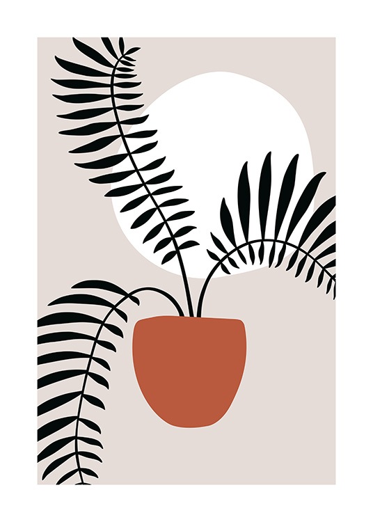  – Illustration graphique d’un pot orange contenant trois plantes noires et un cercle blanc à l’arrière plan