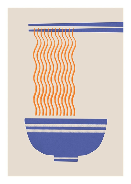  – Illustration graphique de nouilles oranges, de baguettes bleues et d’un bol bleu