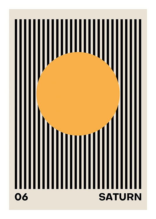  – Illustration graphique avec des rayures noires sur un fond beige et un cercle orange au milieu