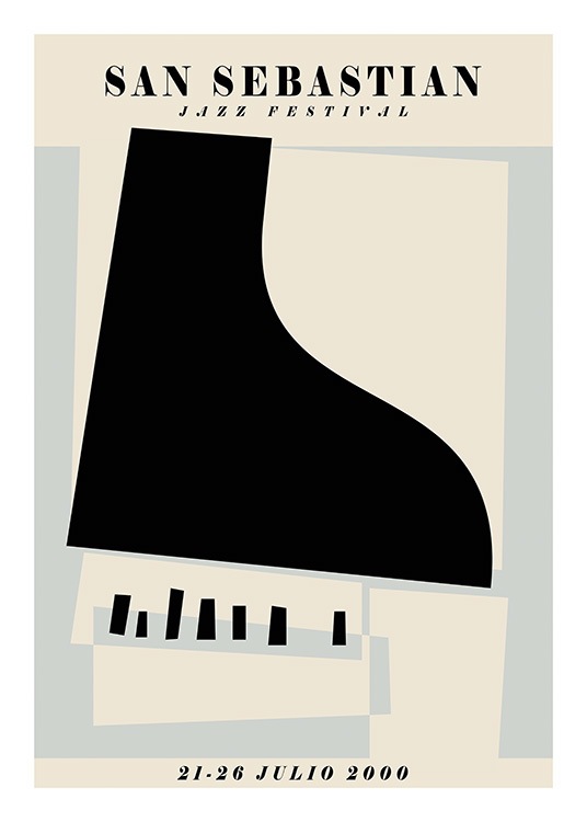  – Illustration graphique d’une affiche de festival de jazz avec un piano au milieu et du texte en haut et en bas
