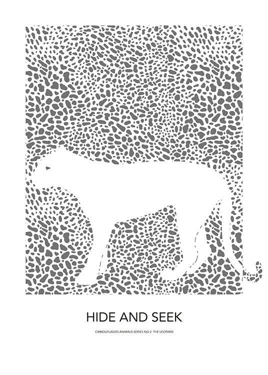  - Illustration graphique d'un léopard blanc entouré d'un motif gris