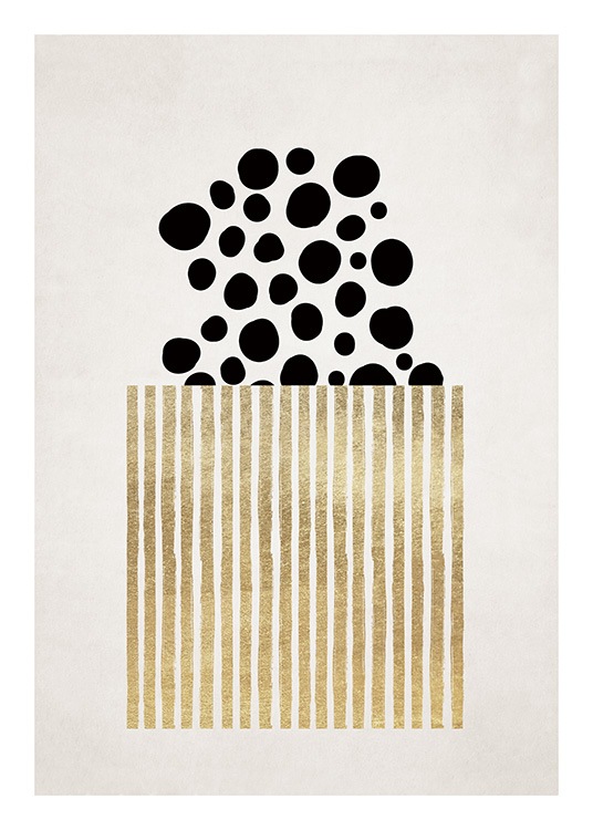  - Illustration graphique représentant un arbre noir et un soleil doré sur un fond strié beige