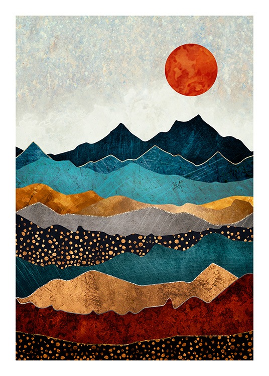  - Illustration graphique d'une montagne colorée et d'une soleil rouge en fond