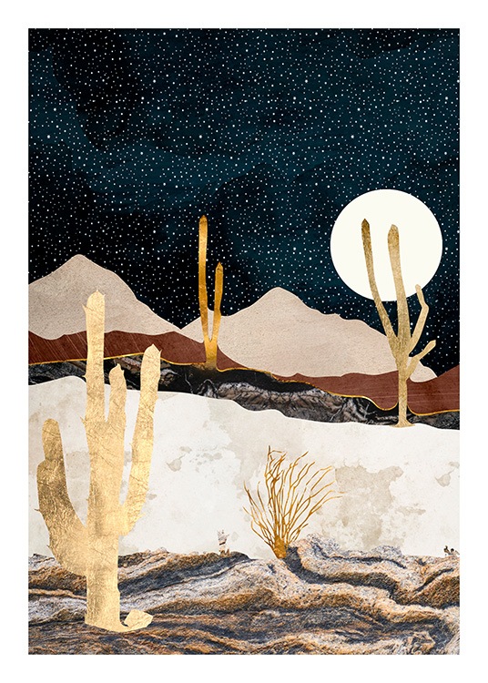  - Illustration graphique de deux cactus dorés dans un désert, on peut voir un ciel bleu foncé et une lune blanche