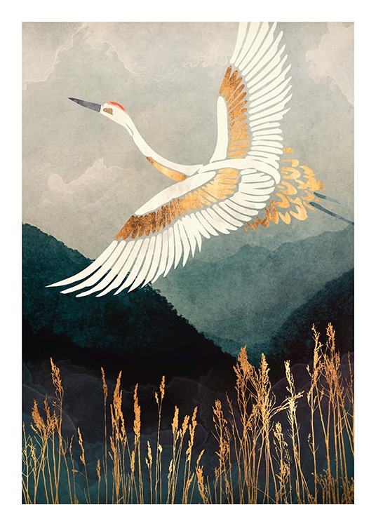  - Illustration graphique d'une grue blanche et dorée volant au-dessus de montagnes et d'herbes hautes