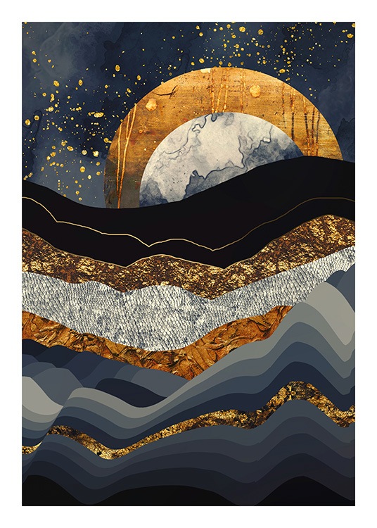  - Illustration graphique d'un paysage de montagne bleu, on peut voir une lune dorée en arrière-plan