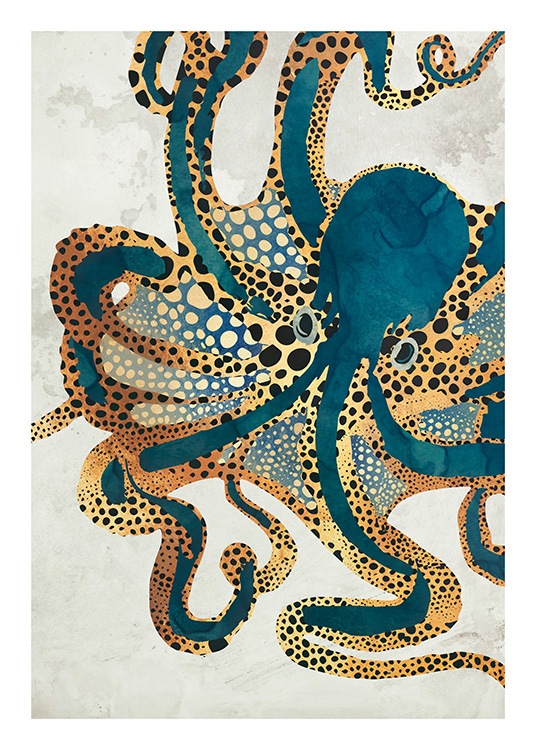  - Illustration graphique d'une pieuvre orange et bleue sur un fond beige