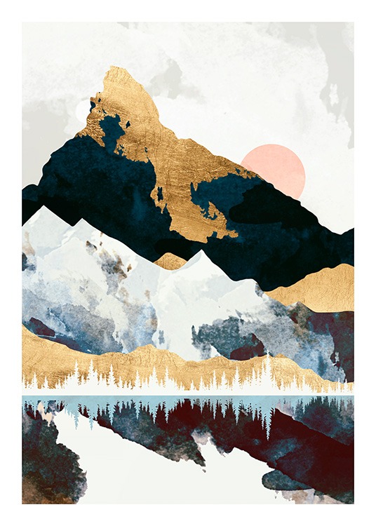  - Illustration graphique d'un paysage de montagnes et d'une lune se reflétant dans un lac