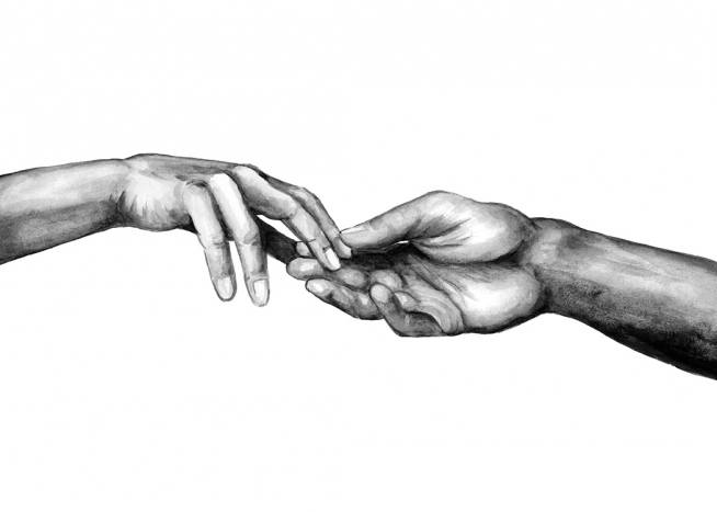  - Peinture à l'aquarelle en noir et blanc représentant deux mains tendues l'une vers l'autre