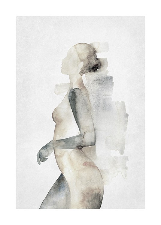  – Femme nue de profil beige et grise peinte à l'aquarelle sur un fond gris clair
