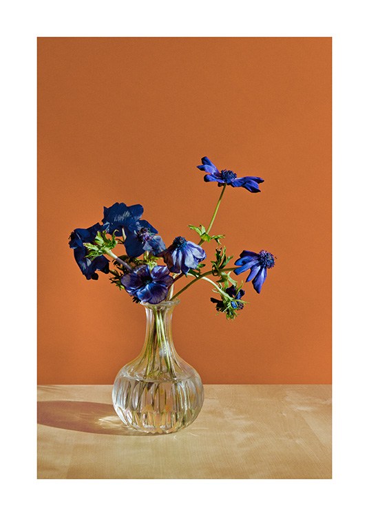  – Photographie de fleurs bleues dans un vase devant un mur orange