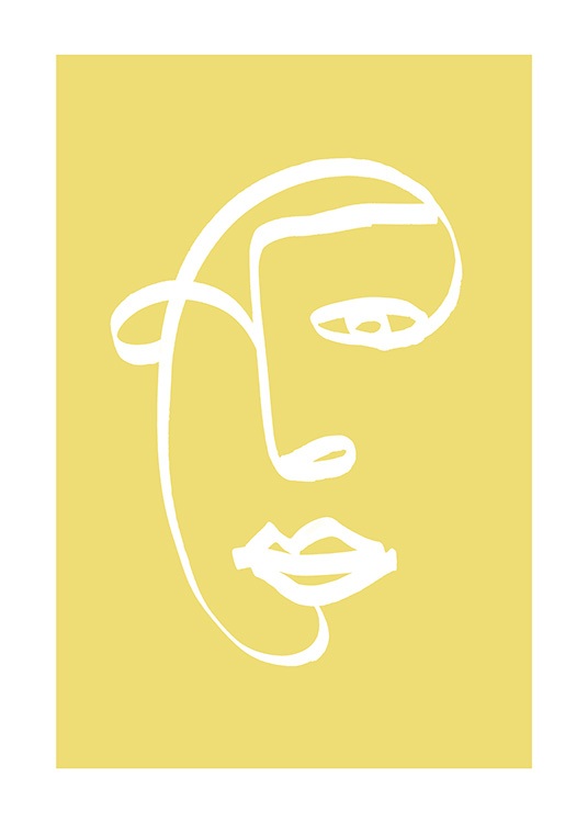  – Illustration d'un visage abstrait dessiné en blanc sur un fond jaune