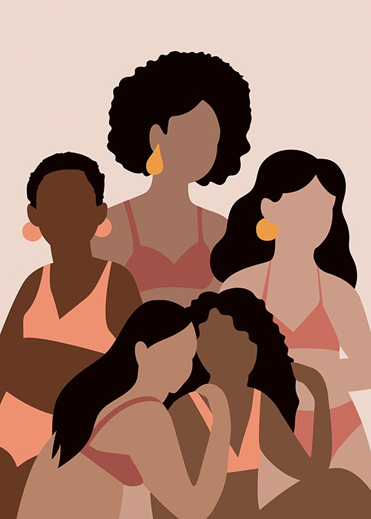  – Illustration graphique de femmes portant des bikinis beiges et roses formant un groupe