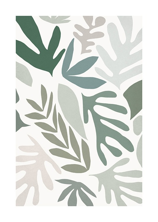  – Illustration graphique de feuilles grises, beiges et vertes sur un fond beige clair