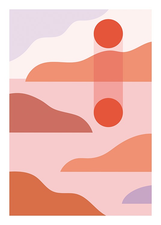  – Illustration graphique et abstraite d'un coucher de soleil rouge, violet et rose