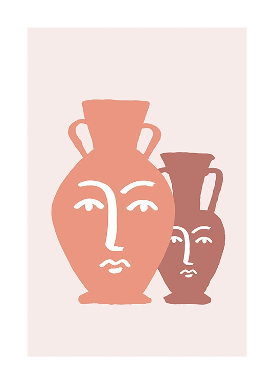  – Illustration graphique de deux vases, rose et marron, décorés de visages abstraits sur un fond rose clair
