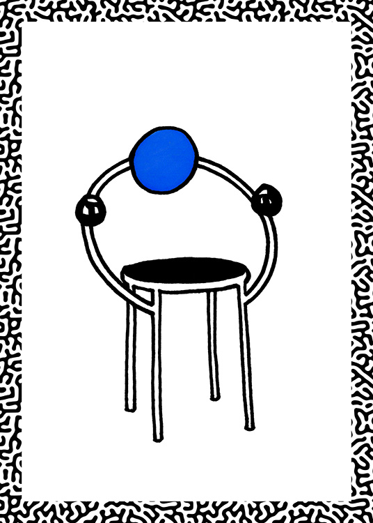 – Illustration graphique d'une chaise abstraite ornée d'un cercle bleu sur son siège, un motif décore son contour
