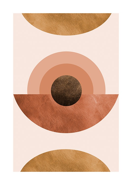  – Illustration graphique de cercles et demi-cercles abstraits aux couleurs chaudes sur un fond rose