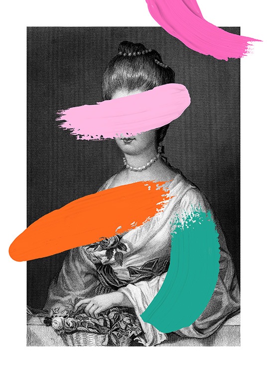  – Photographie en noir et blanc d'une reine tenant des fleurs, couverte de traces de peinture rose, orange et turquoise