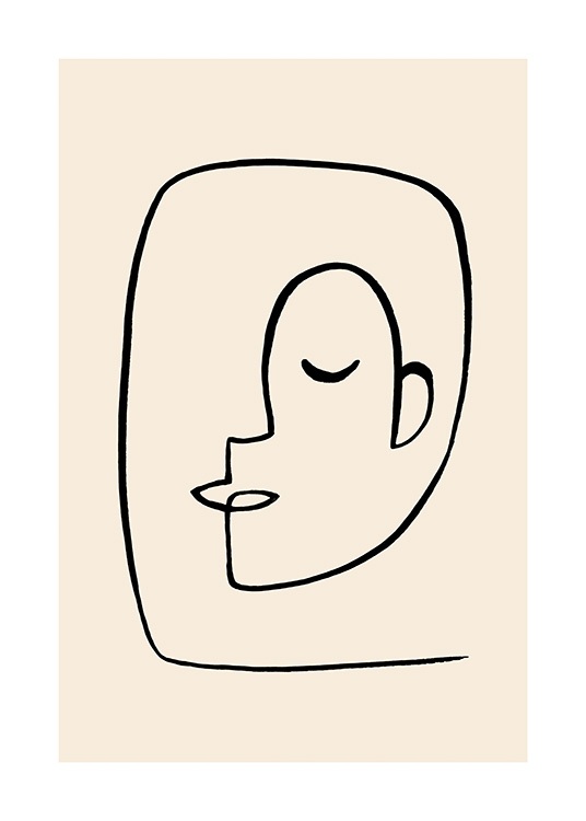  – Illustration au dessin au trait d'un visage abstrait dessiné en noir sur un fond jaune clair