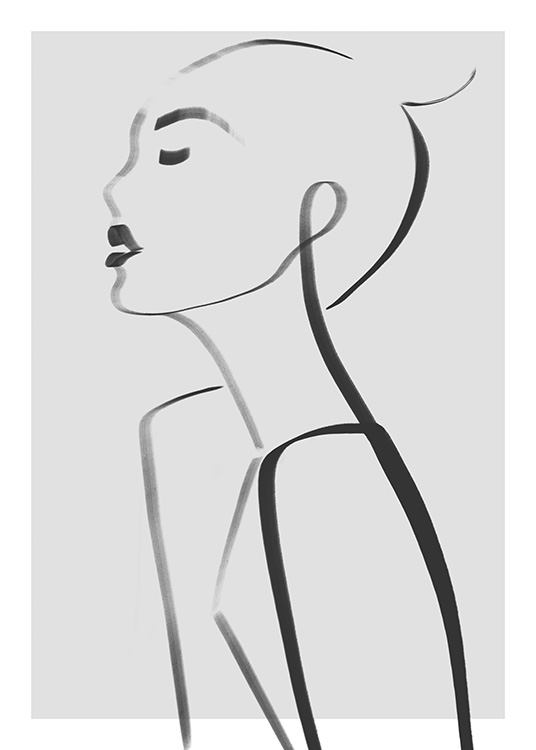  – Illustration au dessin au trait d'un visage et d'un buste en noir vus de profil sur un fond gris