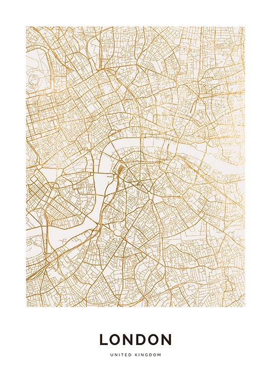  – Plan de Londres en doré sur un fond blanc avec du texte en dessous