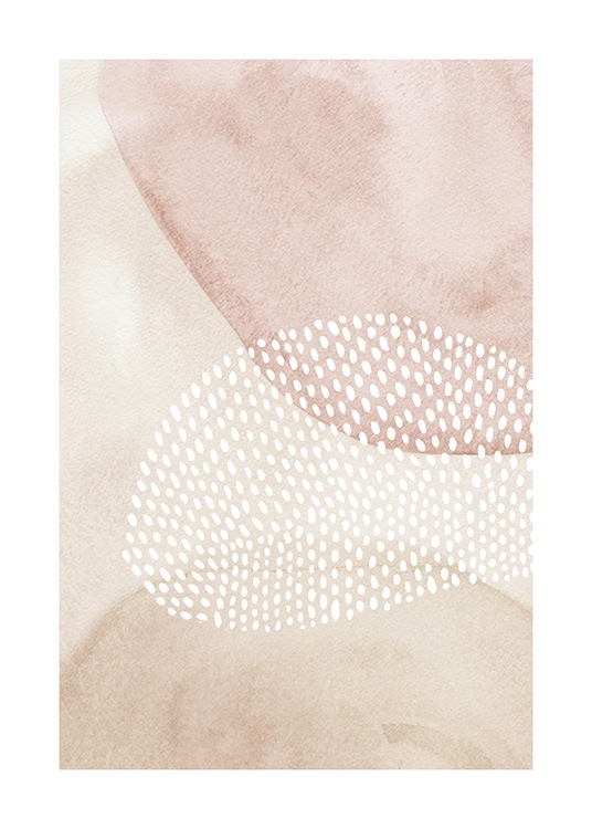  – Illustration avec des formes roses et beiges derrière une forme constituée de petits points blancs