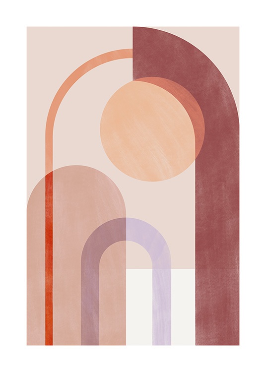  – Illustration graphique dans des tons de rouge, beige et violet avec des formes géométriques