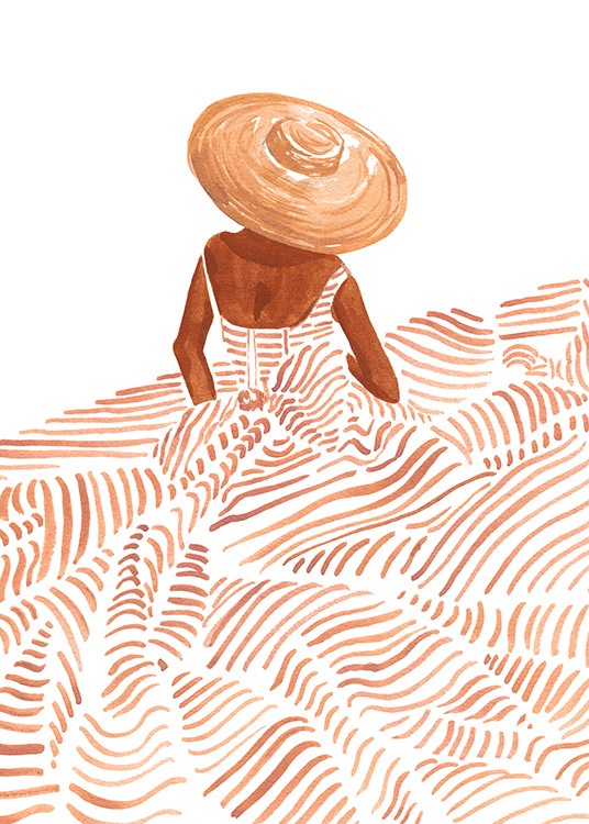  – Illustration à l’aquarelle d’une femme portant une robe ample à rayures oranges et un chapeau de soleil