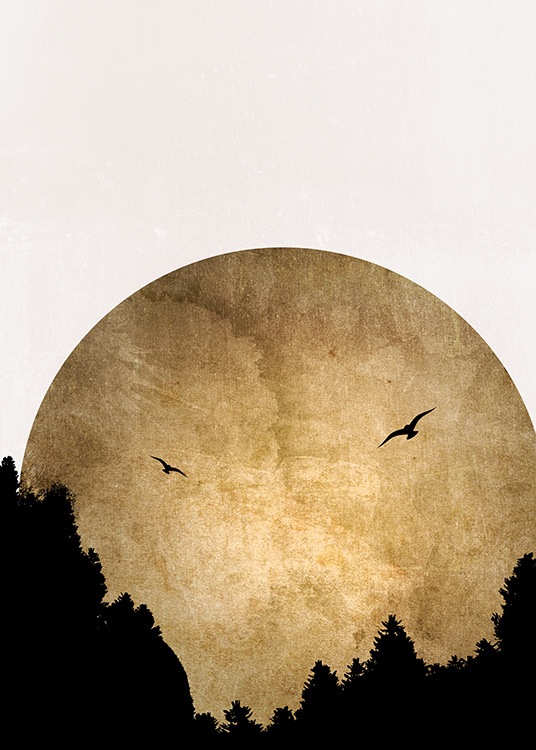  – Illustration graphique d’un soleil doré derrière deux oiseaux et des arbres noirs