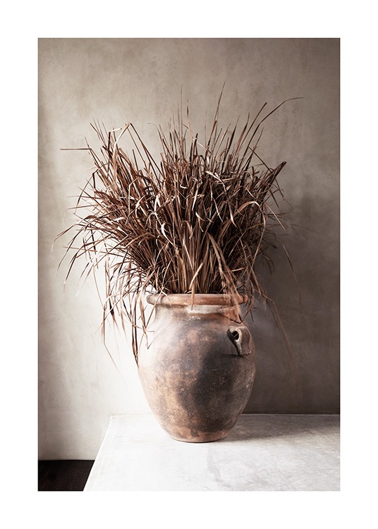  – Photographie d’herbe beige séchée dans un vase contre un mur en béton beige