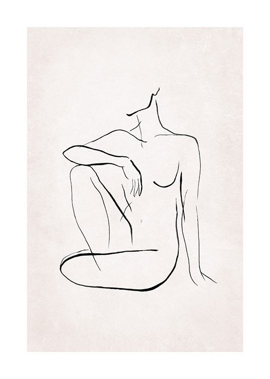  – Illustration en art linéaire avec un corps nu en position assise, peint en noir sur un fond rose clair
