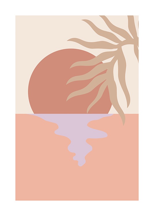  – Illustration graphique de feuilles de palmier beiges devant un coucher de soleil