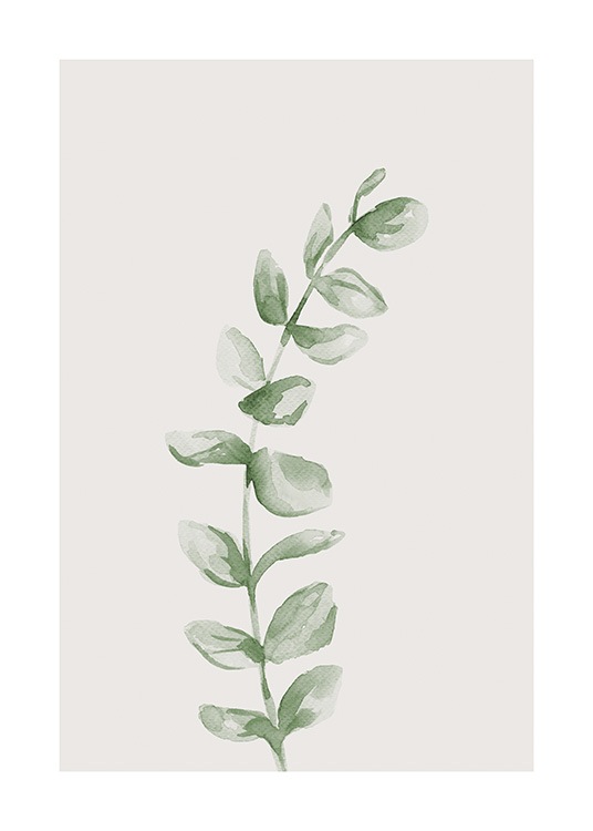  – Petites feuilles vertes sur une branche peintes à l’aquarelle sur un fond beige clair