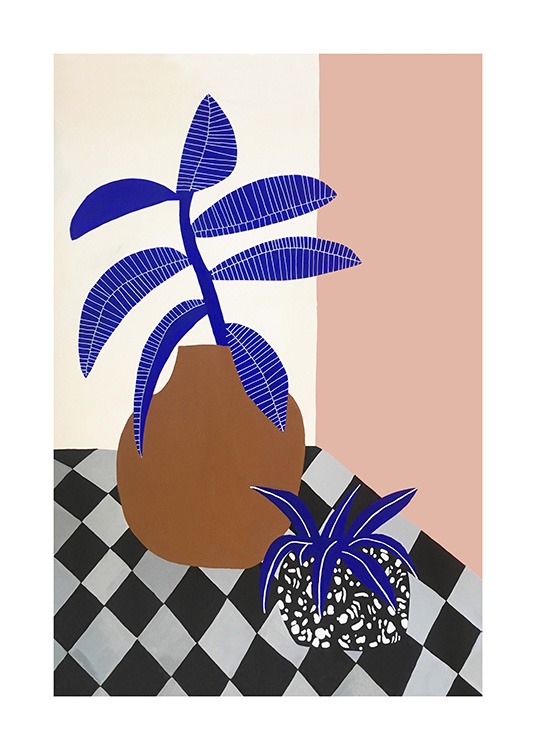  – Illustration graphique de pots avec deux plantes bleues sur un fond blanc et rose