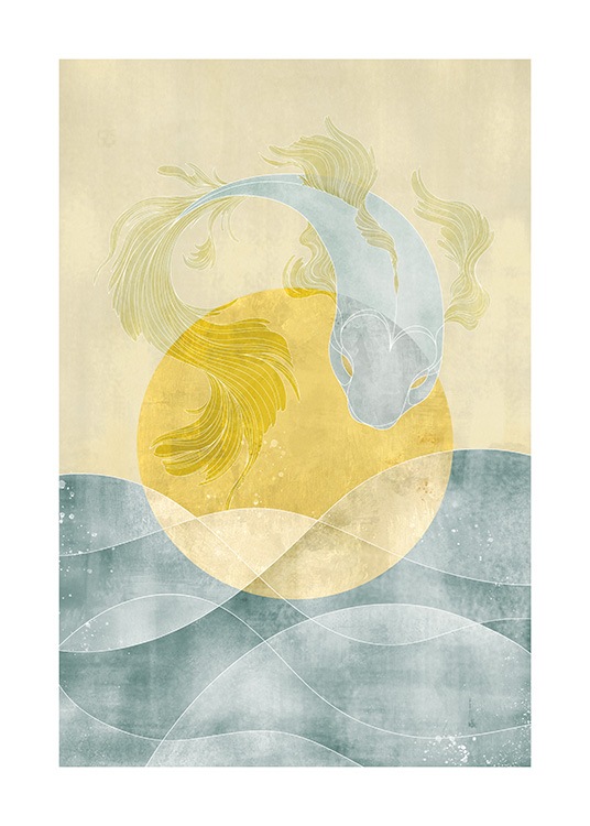  – Illustration d’un poisson en bleu et jaune avec un océan et le soleil à l’arrière-plan