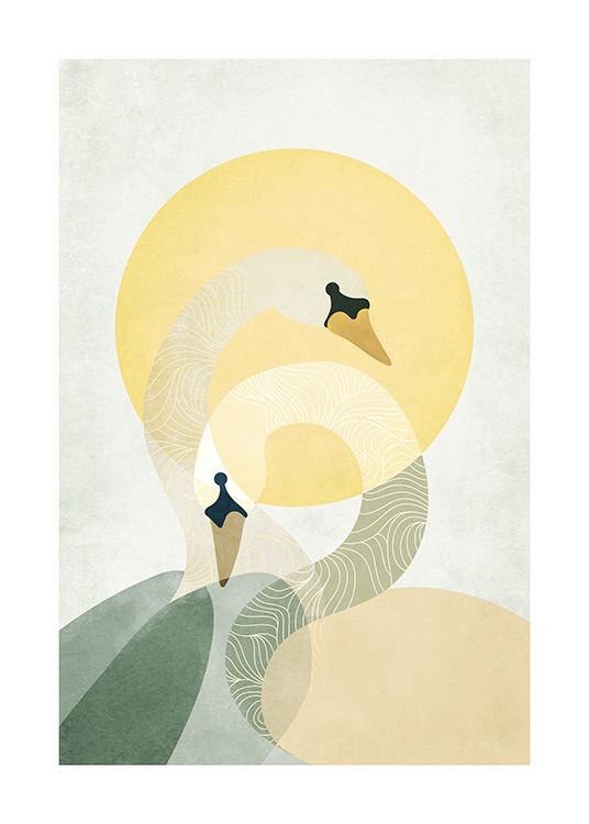  – Illustration avec un couple de cygnes devant un soleil jaune
