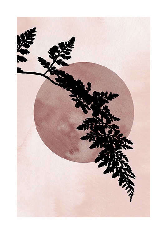  – Illustration avec un cercle rose foncé derrière une longue feuille de fougère noire