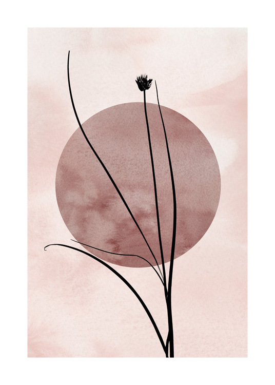  – Illustration avec des brins d’herbe en noir sur un fond rose, avec un cercle rose foncé au milieu