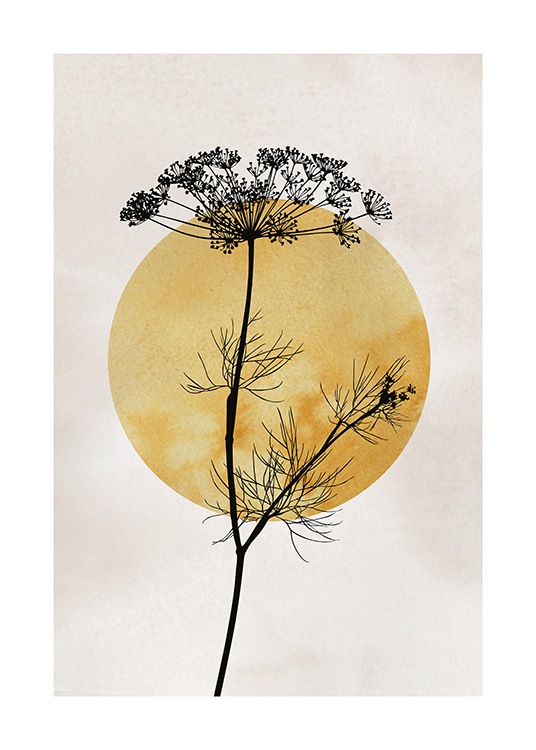 – Illustration avec un soleil jaune foncé derrière une plante noire, sur un fond beige