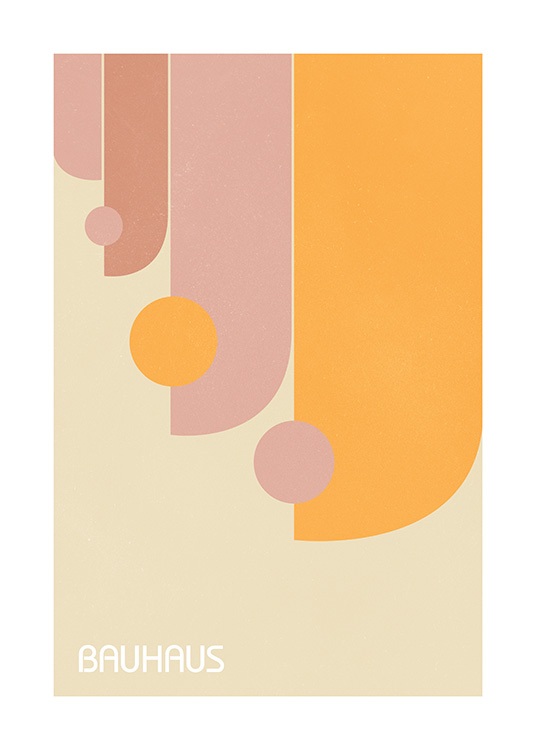  – Illustration graphique dans le style Bauhaus avec des formes géométriques en orange et rose