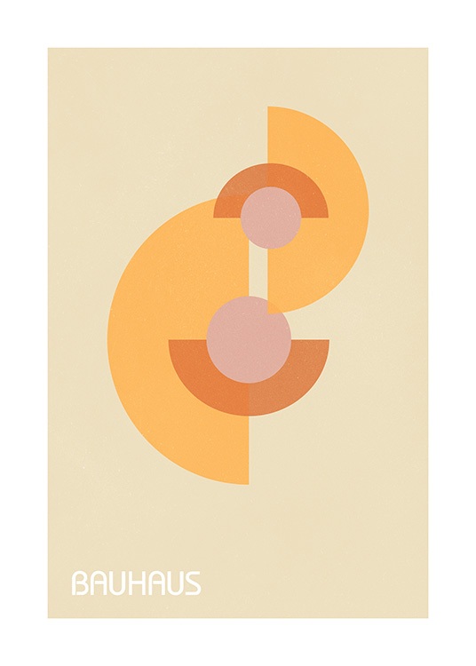  – Illustration graphique avec des formes géométriques en orange et rose et le mot Bauhaus dessous