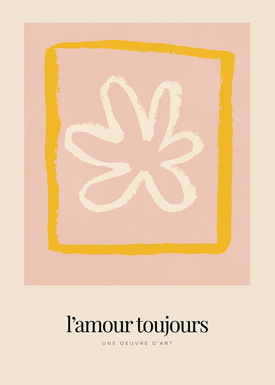  – Illustration avec une fleur blanche à l’intérieur d’un carré orange sur un fond rose et beige avec du texte en dessous