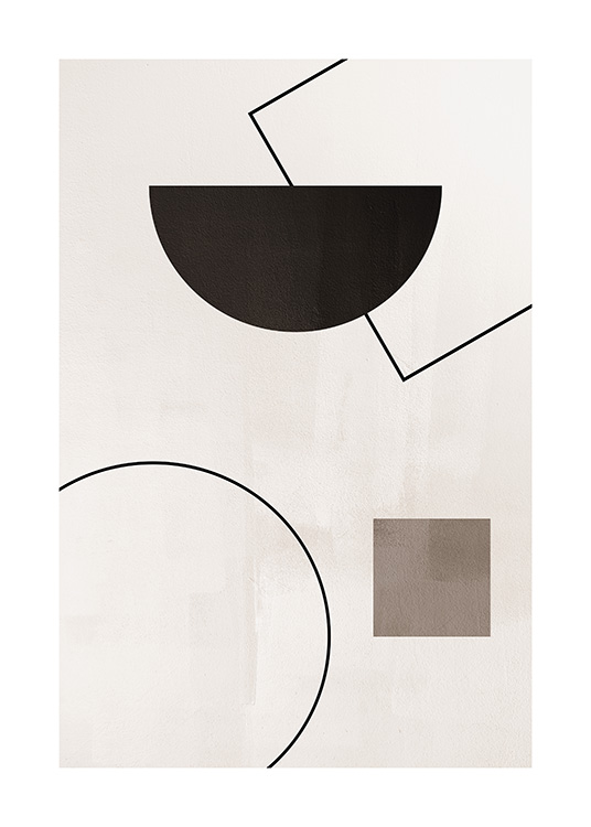  – Illustration graphique avec des formes géométriques et des lignes noires et marron sur un fond beige