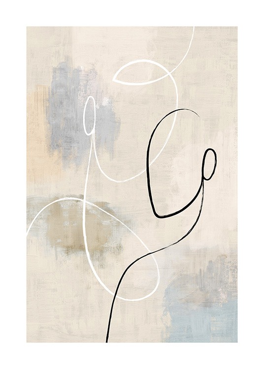  – Illustration avec deux visages en art linéaire sur un fond peint en beige avec des détails bleus