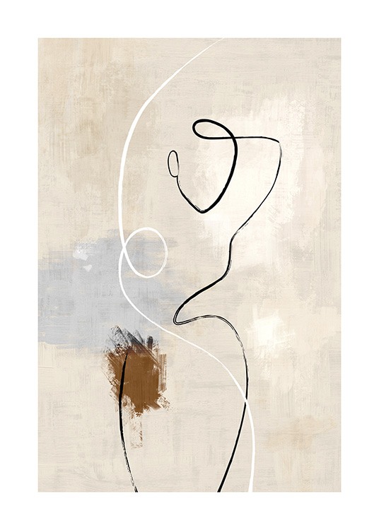  – Illustration avec un corps en art linéaire en noir sur un fond moucheté en beige avec des détails bleus et marron